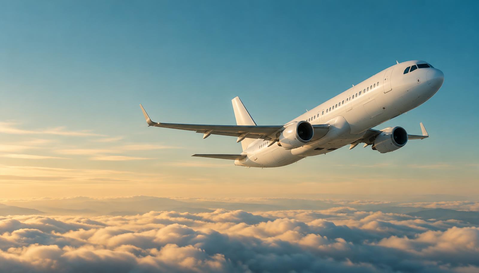 Passenger jet climbing above a layer of clouds in warm late-afternoon light
